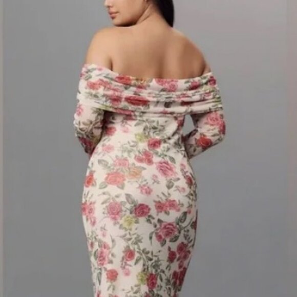 Anthropologie AFRM Off-The-Shoulder Maxi Dress Pink Roses Body-Con XXS Petite - Picture 3 of 10
